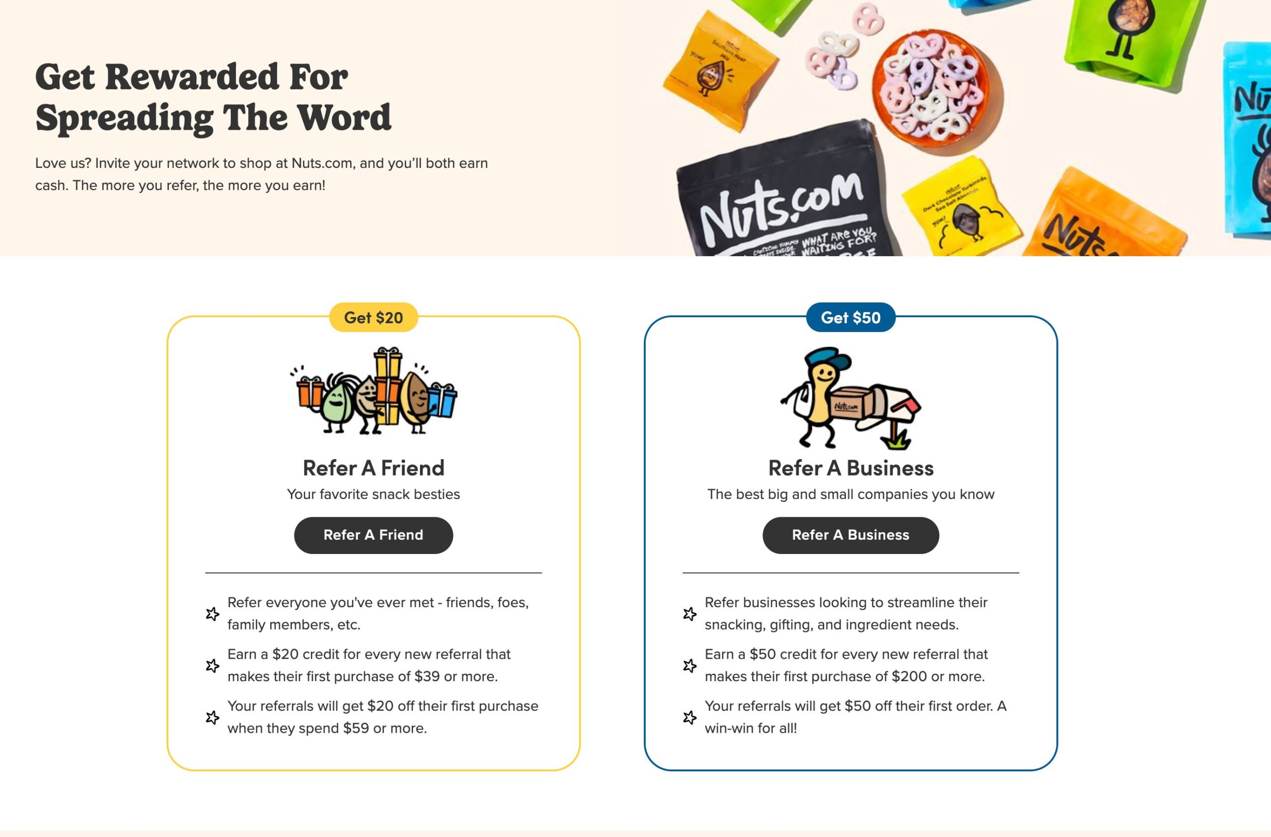 Nuts.com referral program example showing illustrated panels for referring a friend for $20 and referring a business for $50, highlighting dual incentives for different referral types.