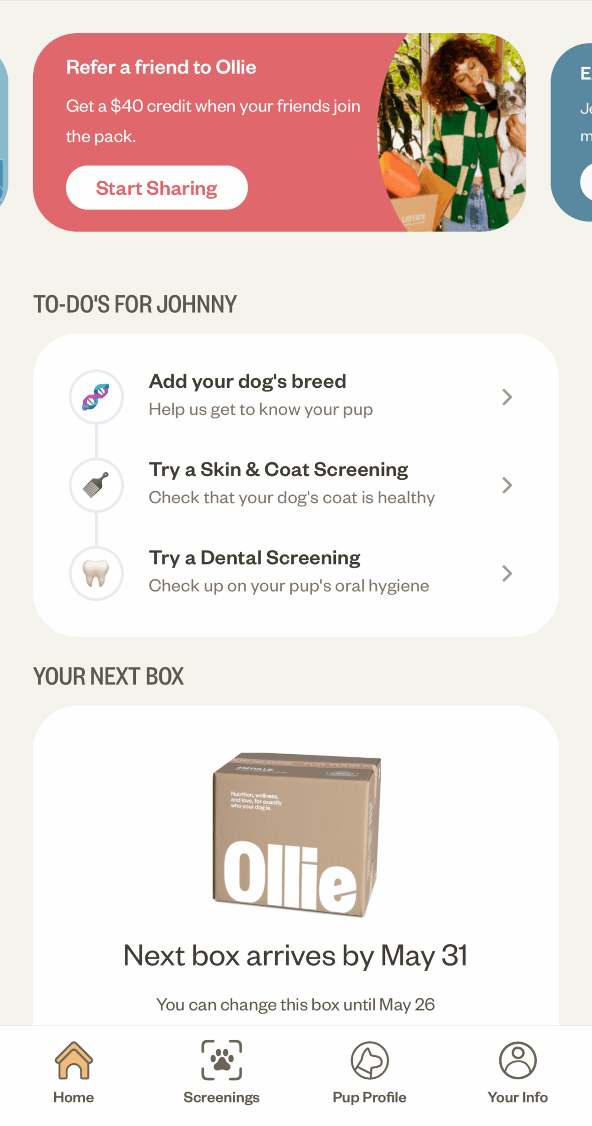 Mobile dashboard view of Ollie’s referral program example, showing a $40 credit incentive for users who refer friends to join the subscription pet food service