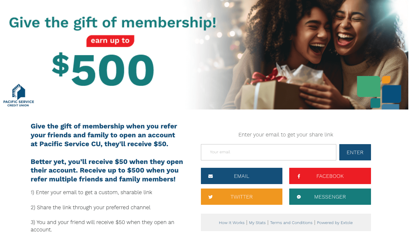 Pacific Service Credit Union referral program example displaying a holiday-themed banner promoting up to $500 in rewards for referring multiple friends and offering $50 to both the referrer and each new member.