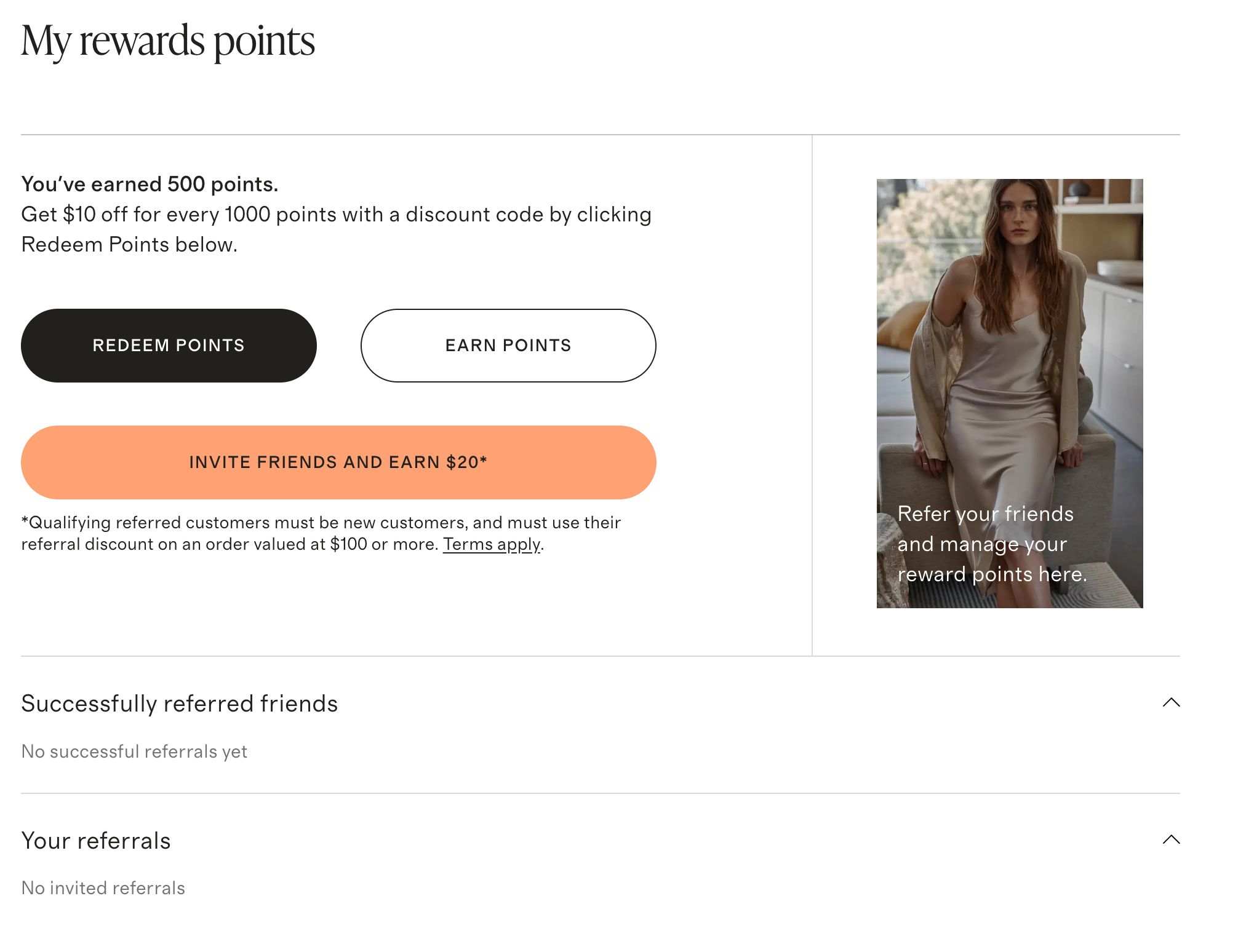 Quince rewards page showing a referral program example with options to redeem points, earn points, and invite friends for a $20 reward when referred customers make qualifying purchases.