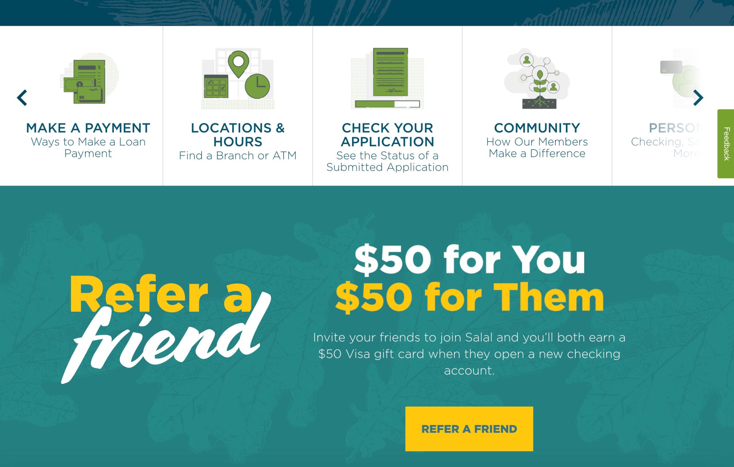 Salal Credit Union referral program example displaying a banner offering $50 for current members and $50 for referred friends who open a new checking account.