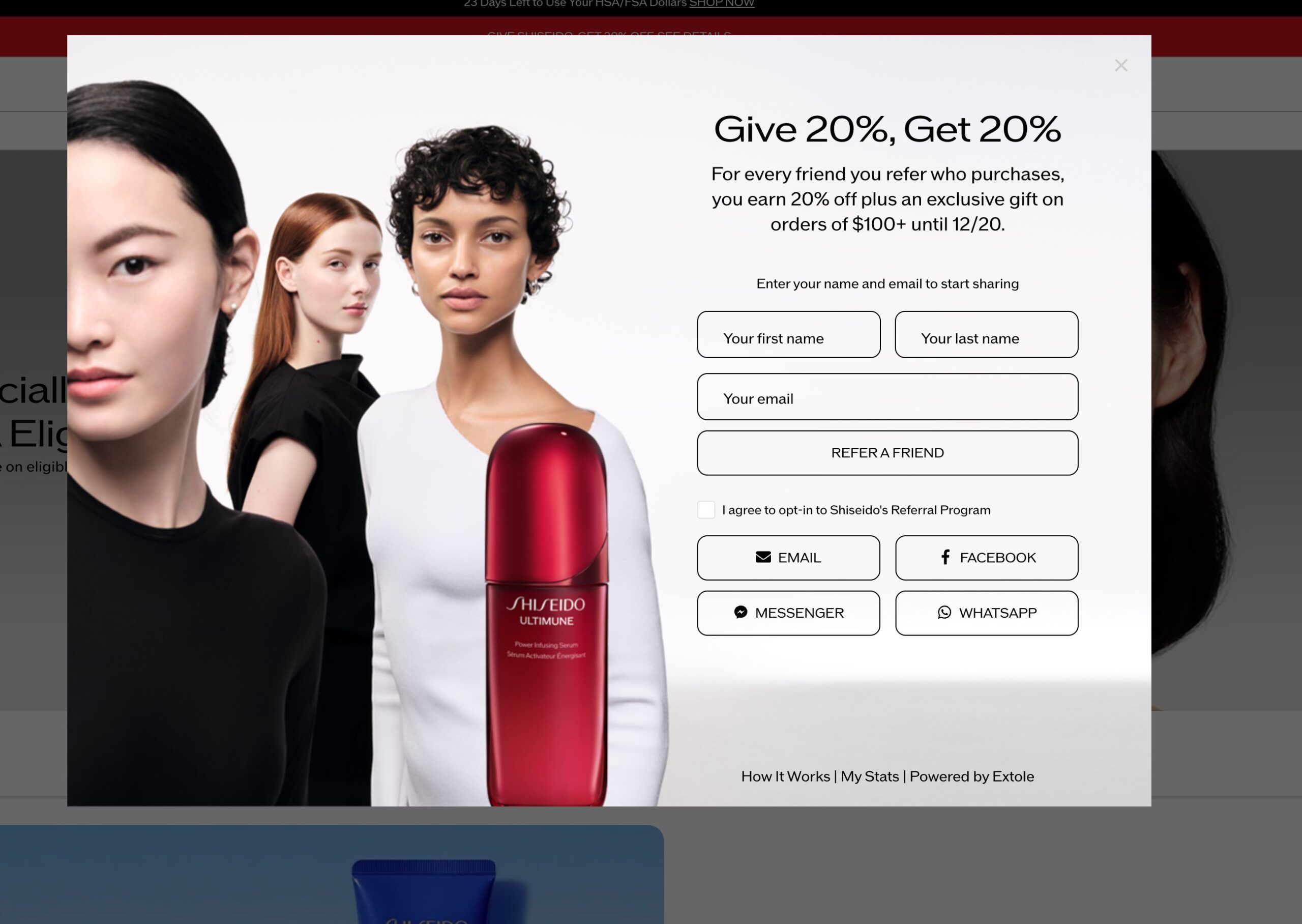 Shiseido referral program example displaying a pop-up form that offers customers 20% off plus an exclusive gift for referring friends who place an order of $100 or more.