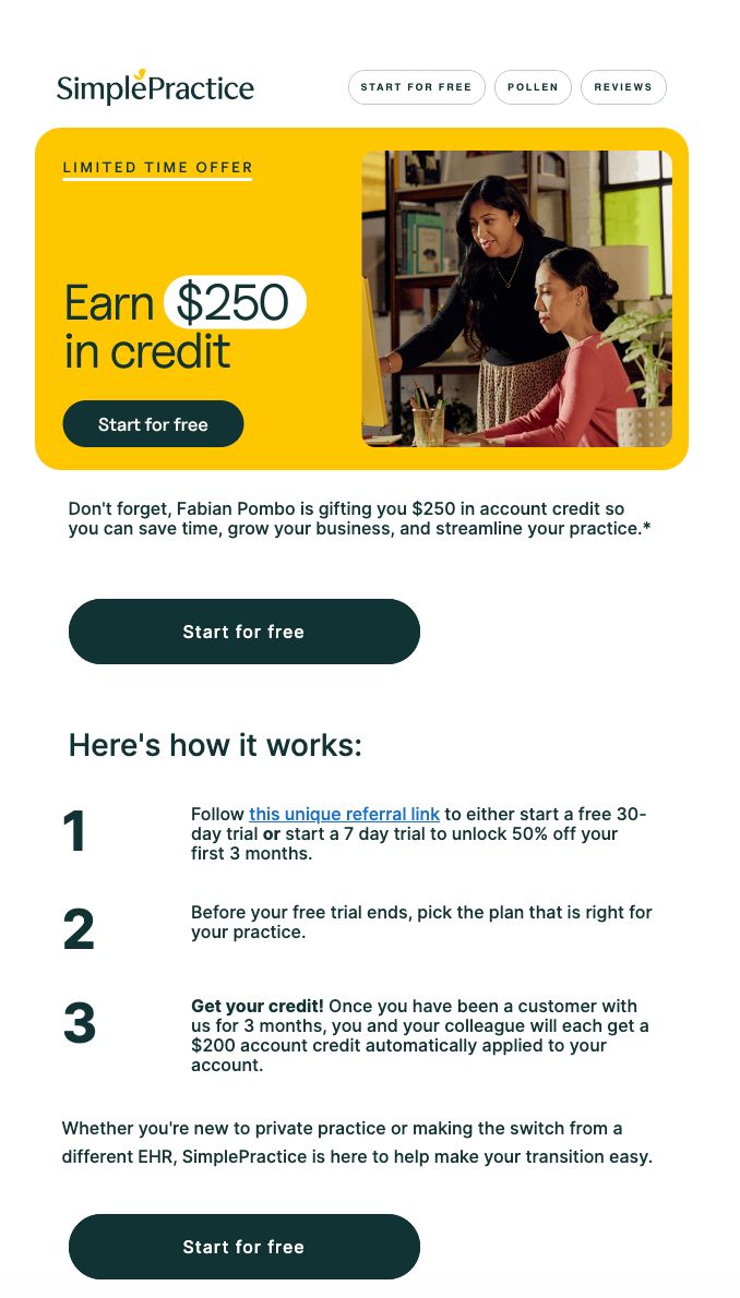 Email from SimplePractice demonstrating a referral program example with step-by-step instructions on how new customers can start a trial and unlock $250 in referral credit.
