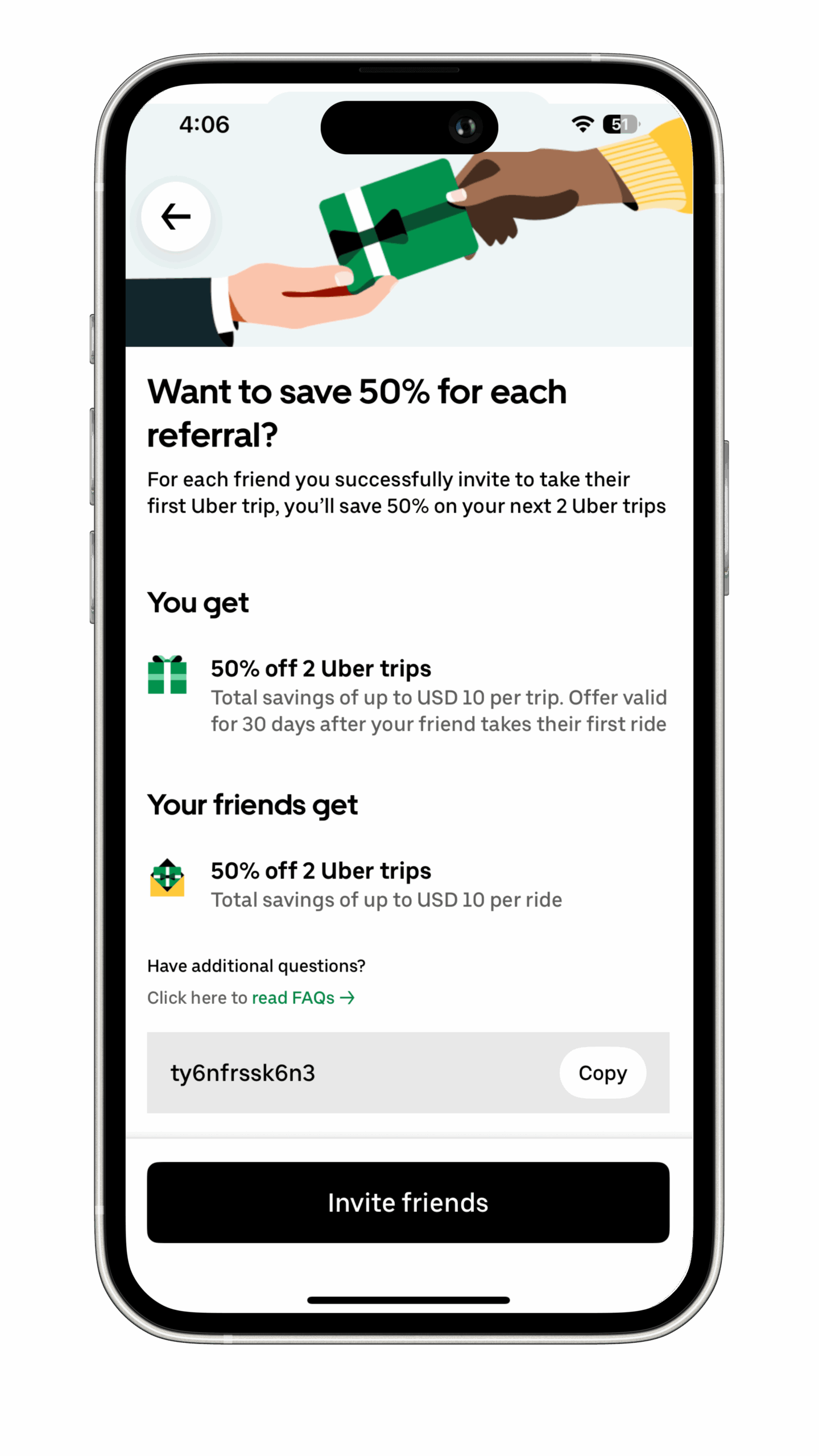 Uber referral program example shown within the mobile app, offering users 50% off their next two Uber trips when they refer a friend who completes their first ride, with matching rewards for the friend.