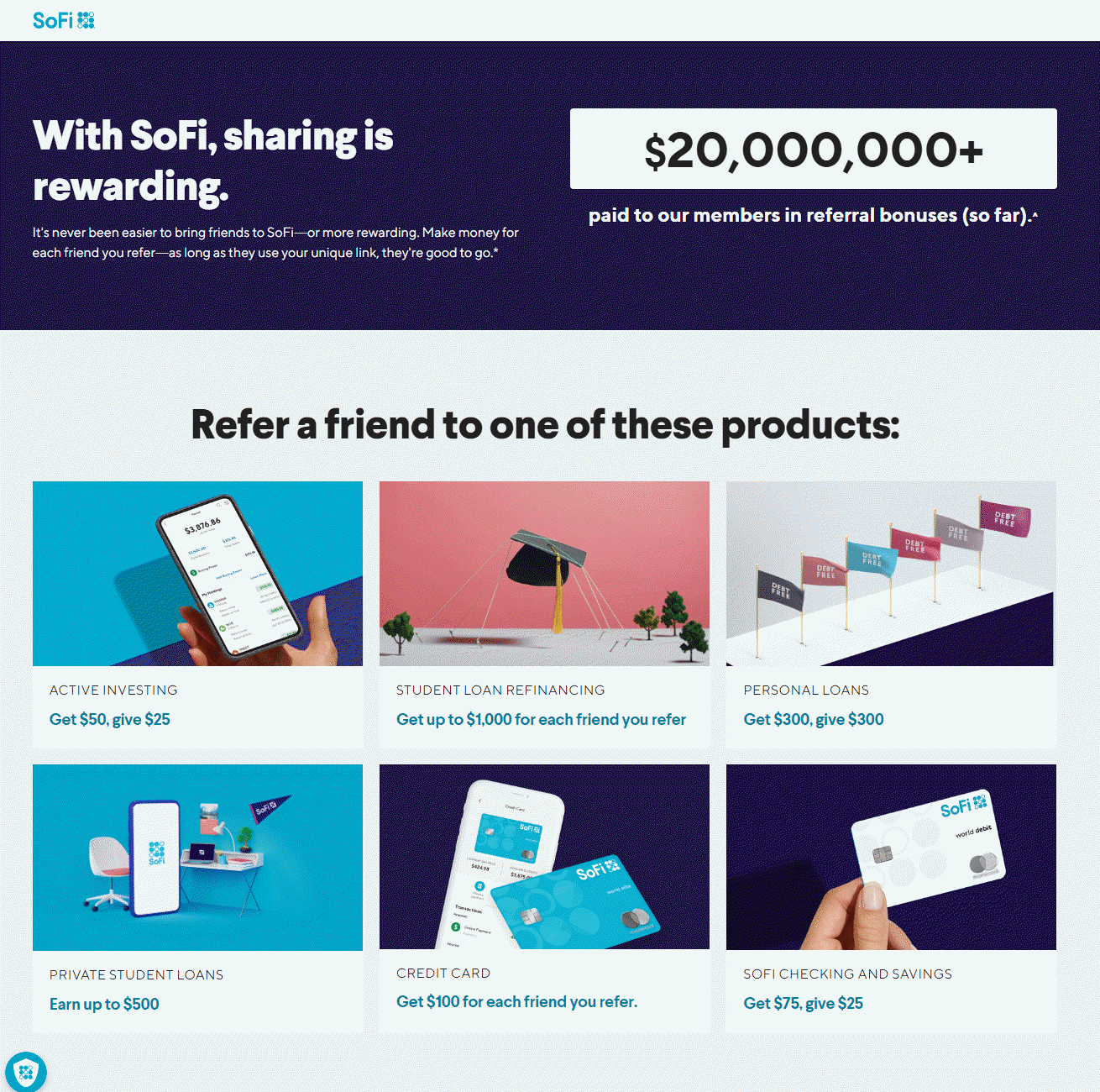 SoFi referral program example displaying over $20 million paid to members in referral bonuses, with detailed rewards for referring friends to products such as investing, student loan refinancing, personal loans, private student loans, credit cards, and checking/savings accounts.