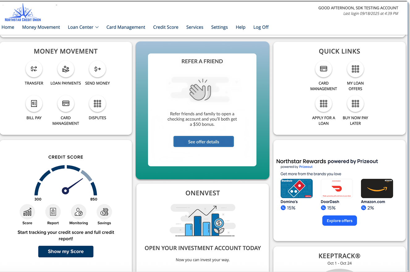 Digital banking dashboard highlighting a referral offer. Template referral marketing for banks and credit unions