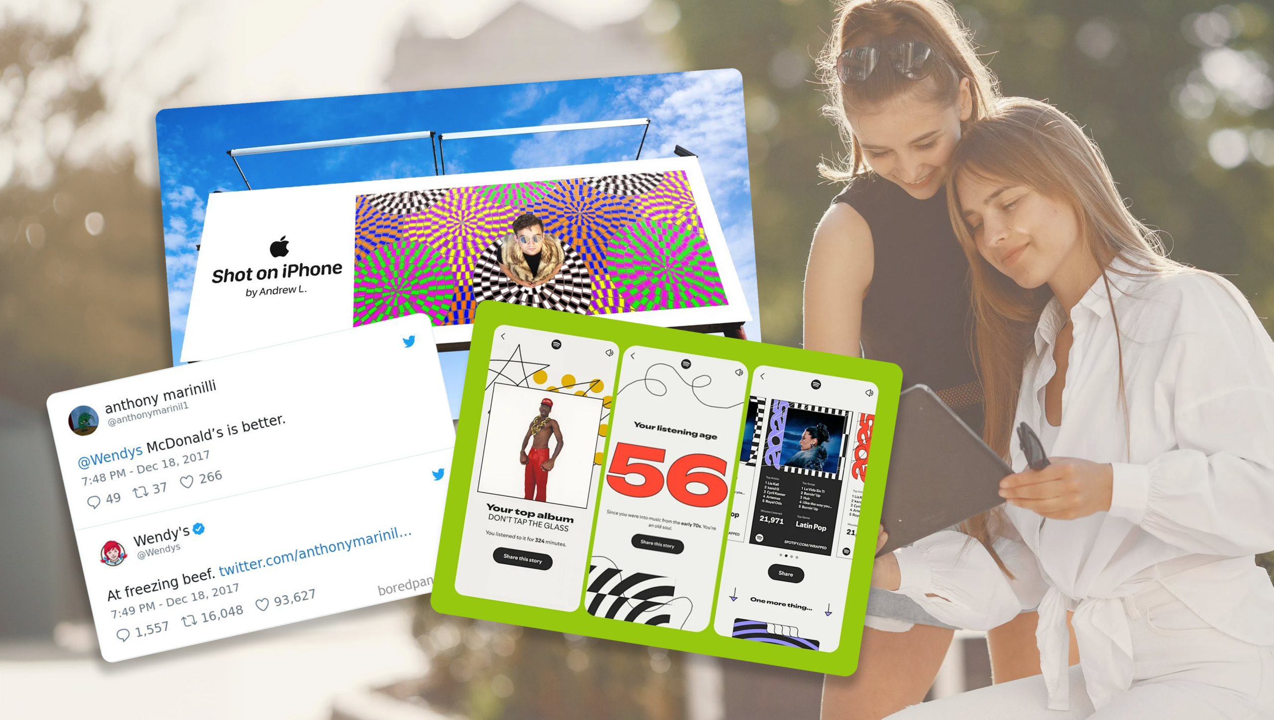 Collage of colorful social media screenshots floating in front of a woman using a tablet outdoors.