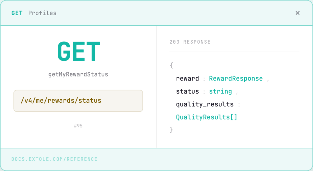 API reference: GET /v4/me/rewards/status with sample 200 response showing reward, status, and quality_results fields.