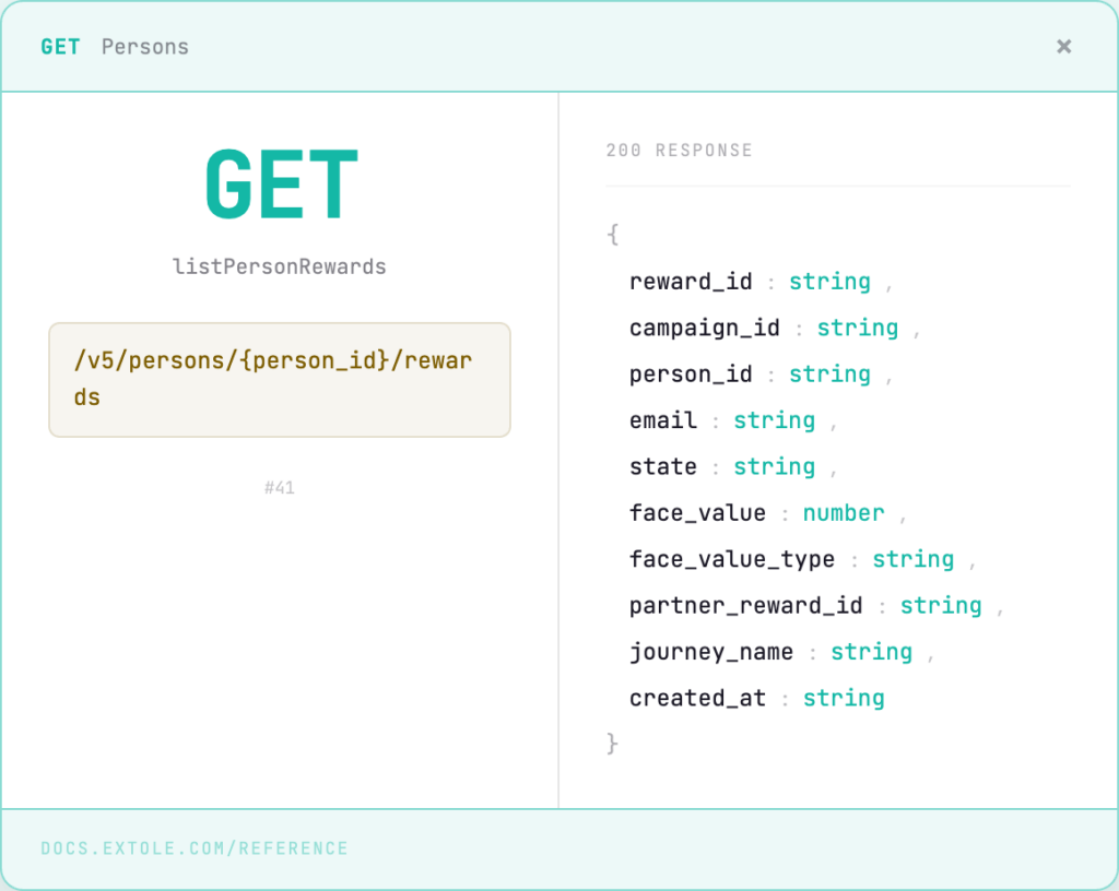 API endpoint GET /v5/persons/{person_id}/rewards with 200 response fields: reward_id, campaign_id, person_id, email, state, face_value, face_value_type, journey_name, created_at.