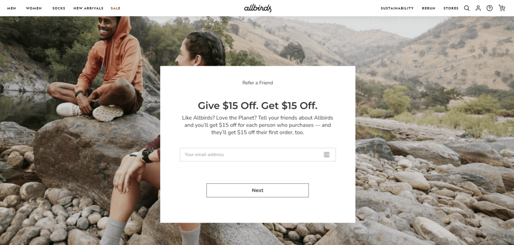 Allbirds: Ecommerce referral program example of an offer that is simple, easy to share, and drives customer acquisition.