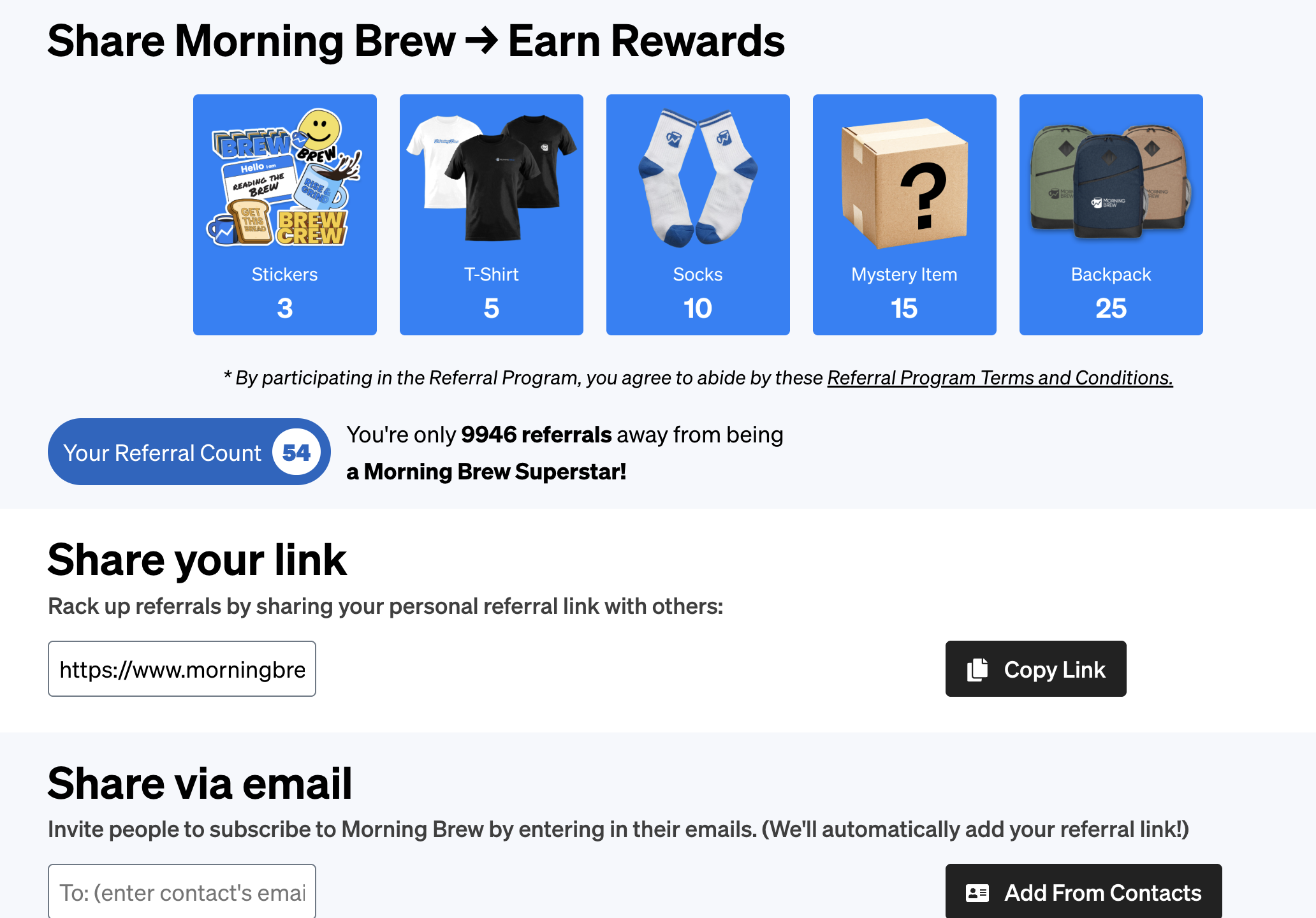 Referral landing page examples - Morning Brew referral program.