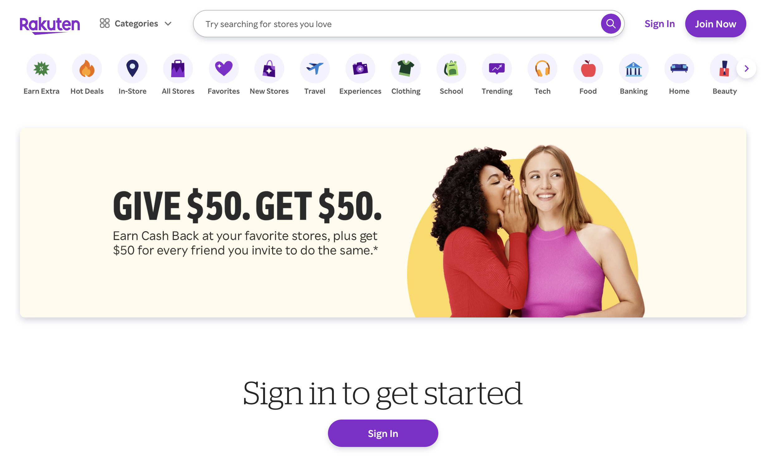 Referral landing page examples: Rakuten referral program.