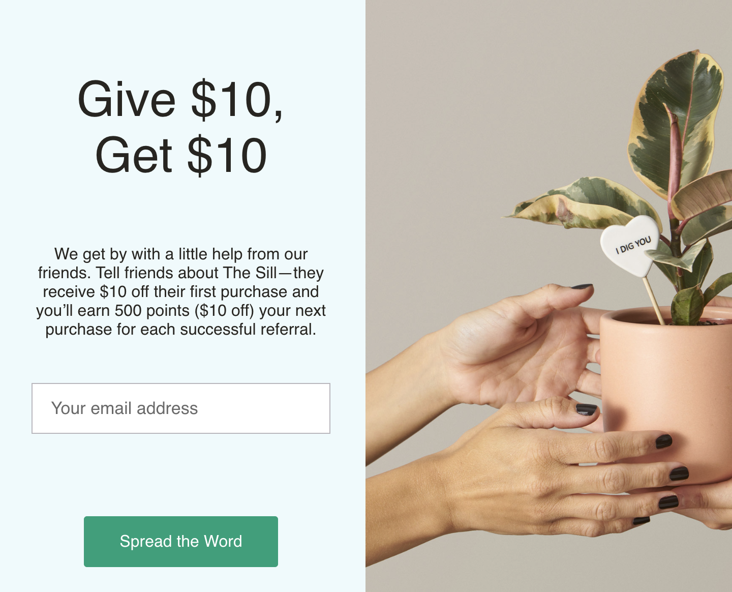 Ecommerce referral program examples: The Sill gives $10 for every successful referral.