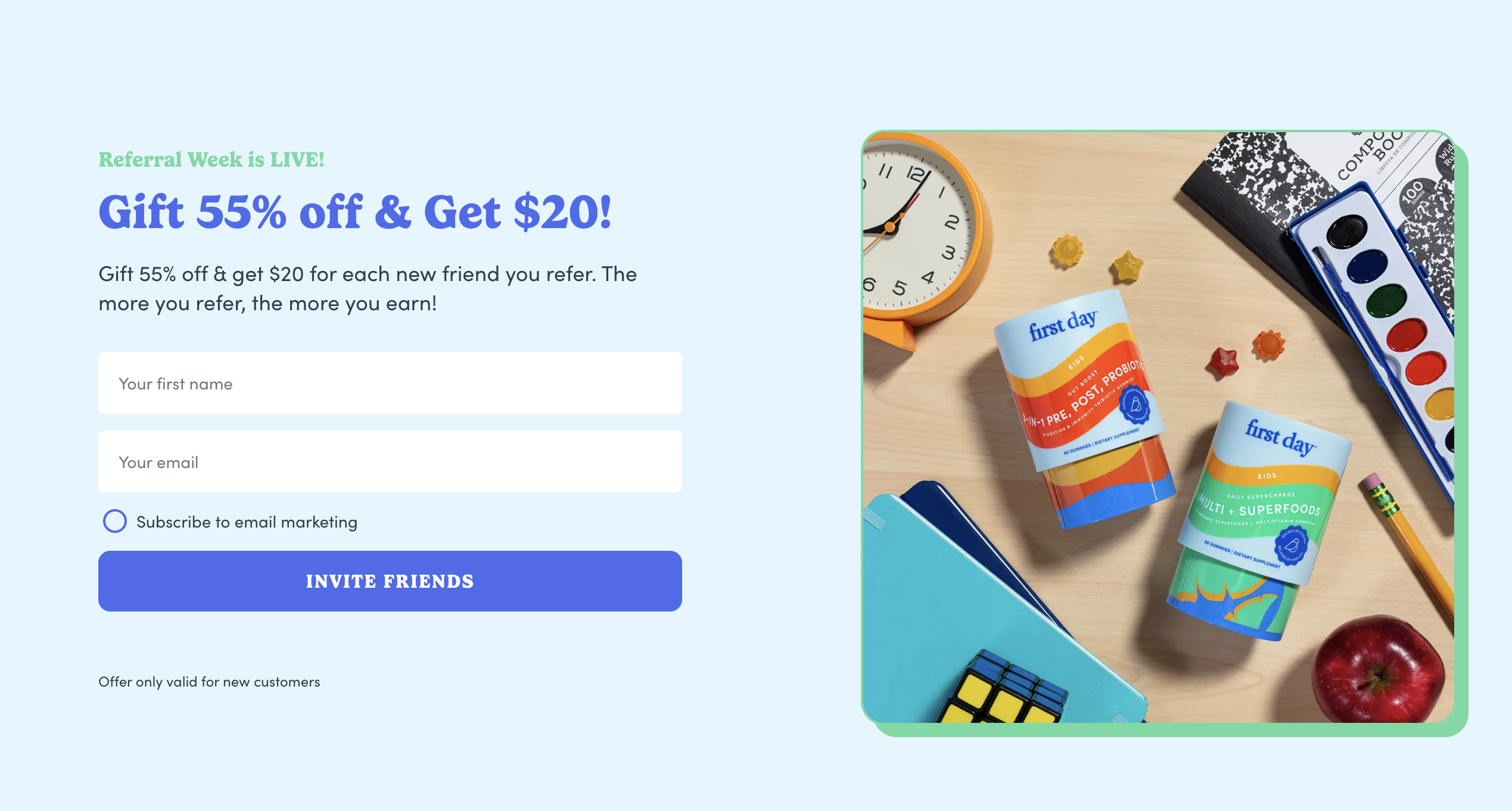 Referral landing page examples: First day referral program