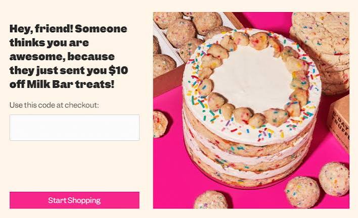 Referral landing page examples: Milkbar referral program