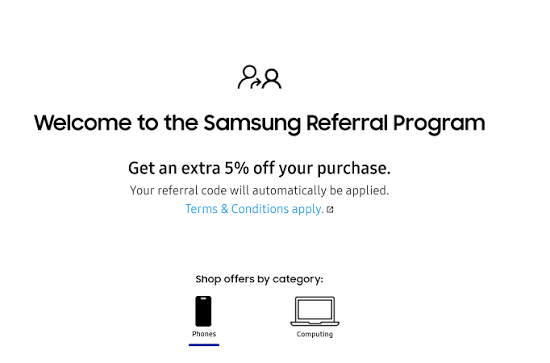 Referral landing page examples: Samsung referral program