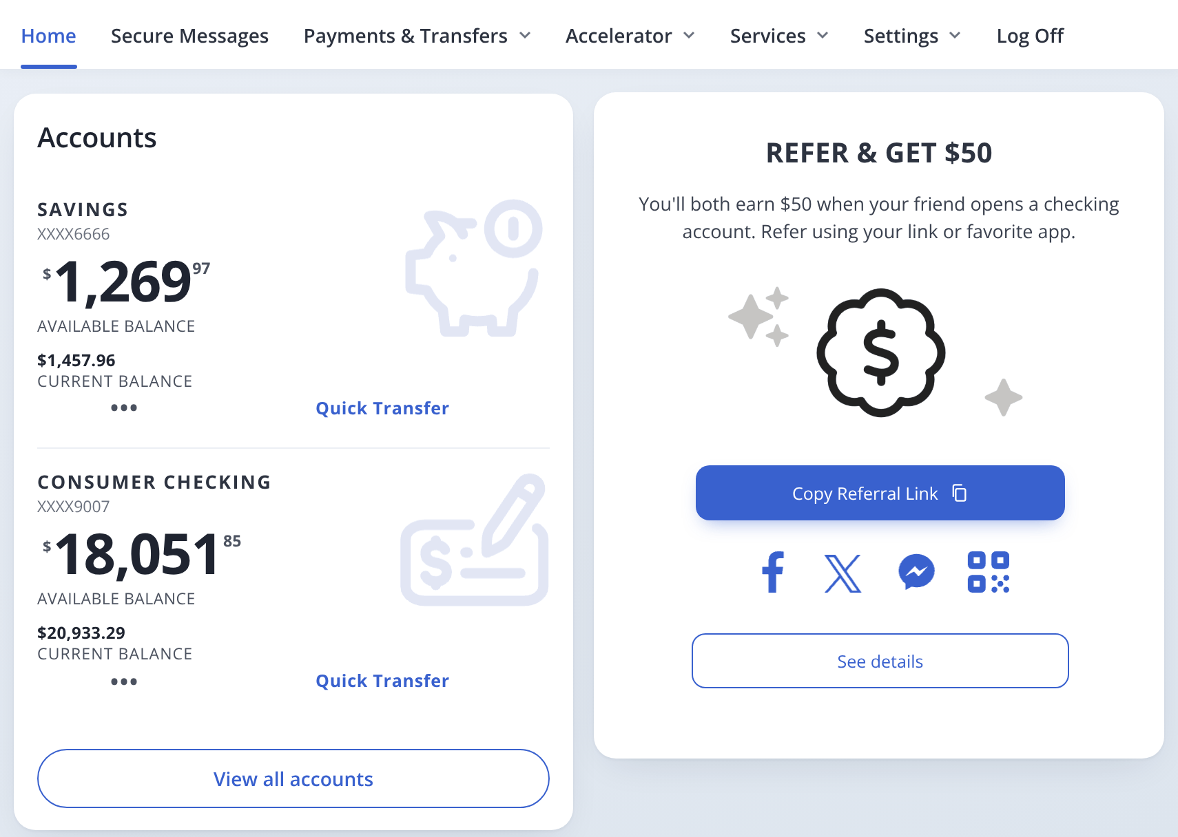 Banking platform UI with referral