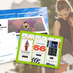 Collage of colorful social media screenshots floating in front of a woman using a tablet outdoors.